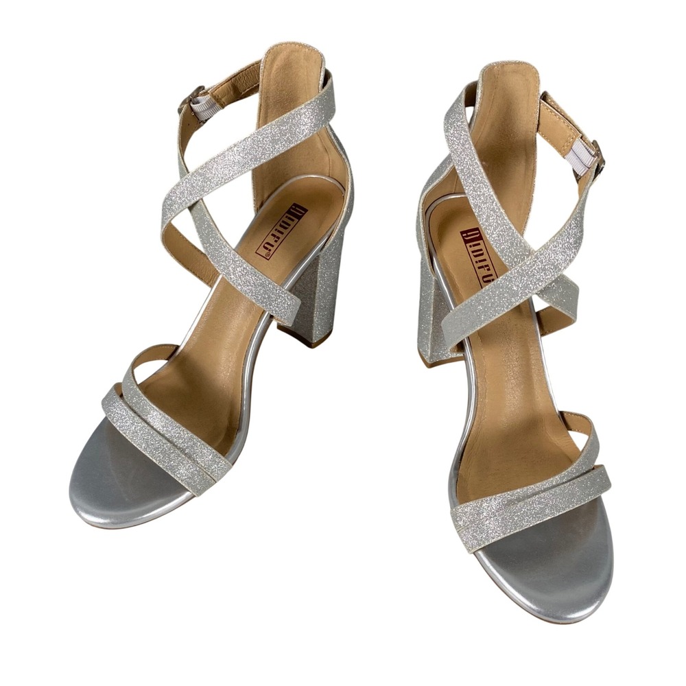 IDIFU Silver Glitter Block Heel Sandals Crisscross Ankle Strap IN4GITA HB Size 9
